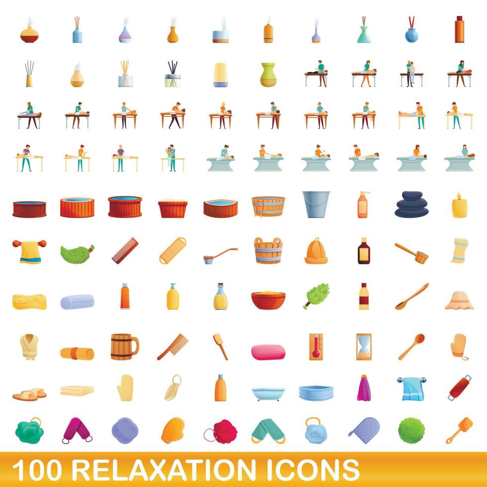 100 relaxation icons set, cartoon style vector