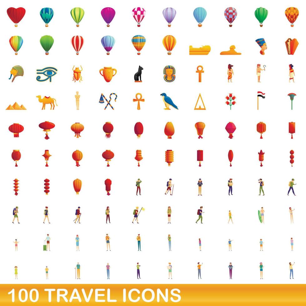 100 travel icons set, cartoon style vector