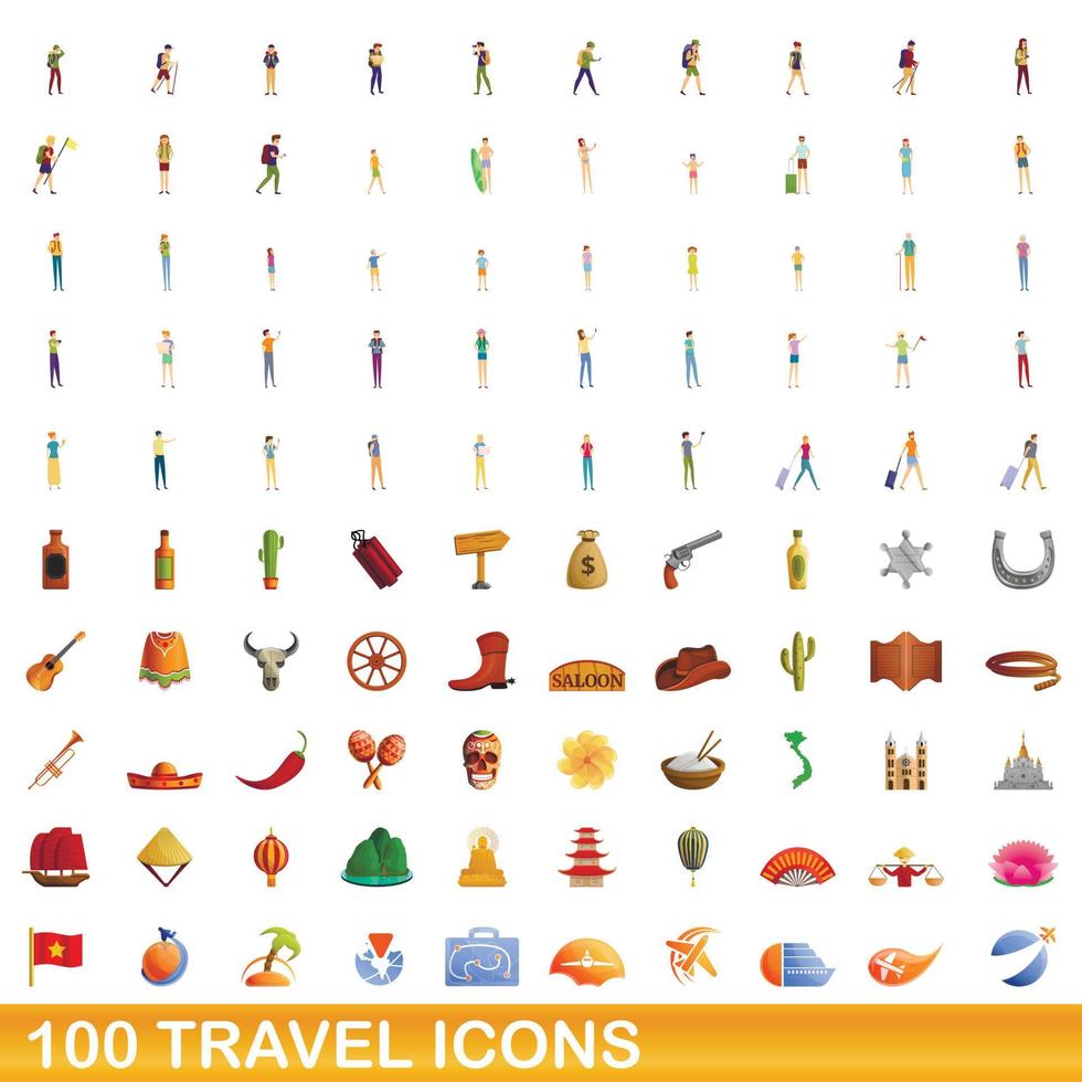 100 travel icons set, cartoon style vector