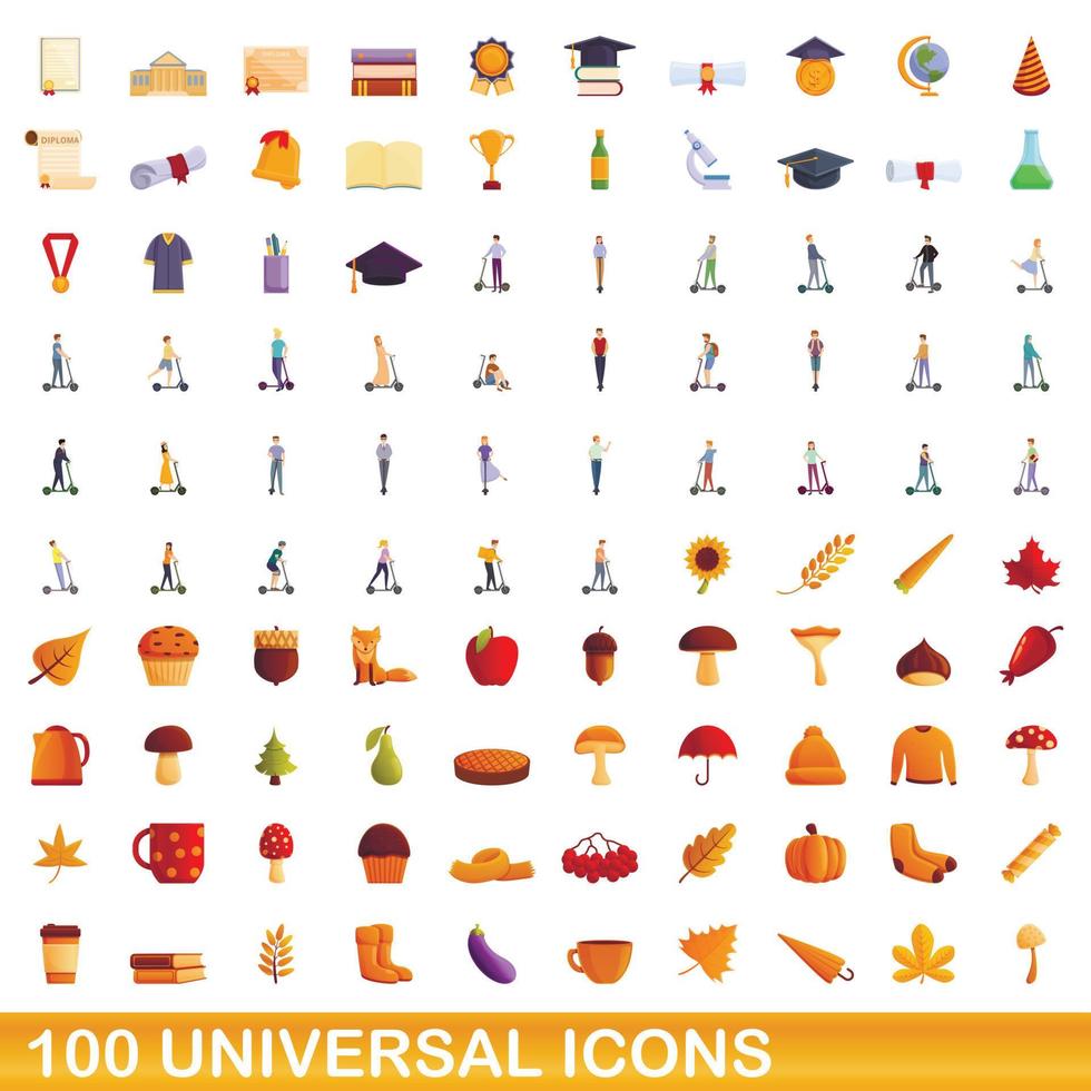 100 universal icons set, cartoon style vector
