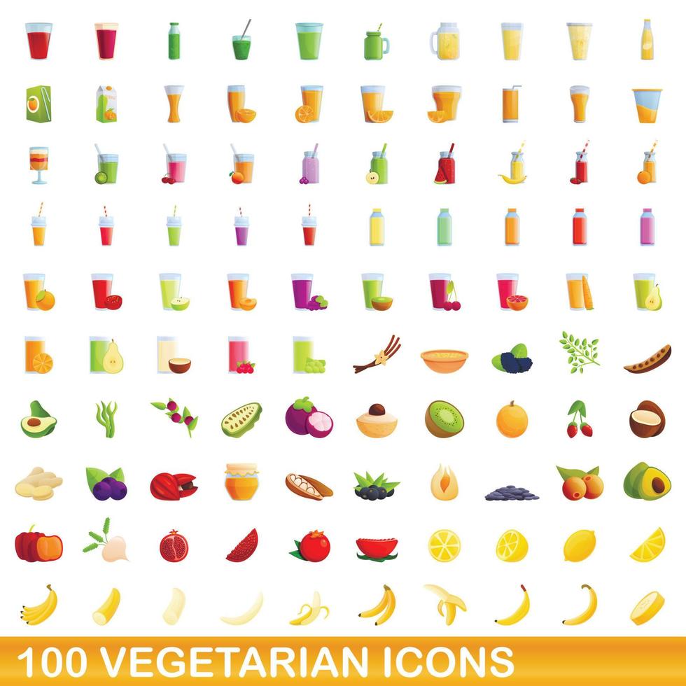 100 vegetarian icons set, cartoon style vector