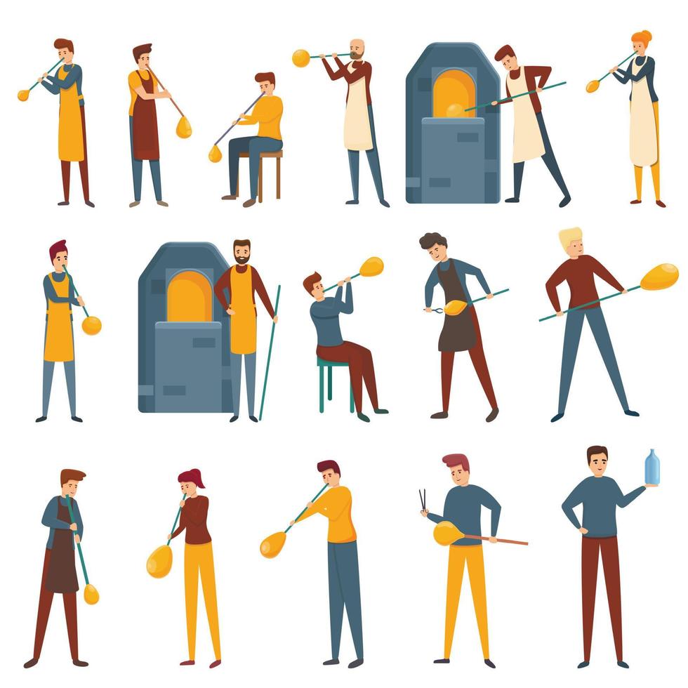 Glass blower icons set, cartoon style vector