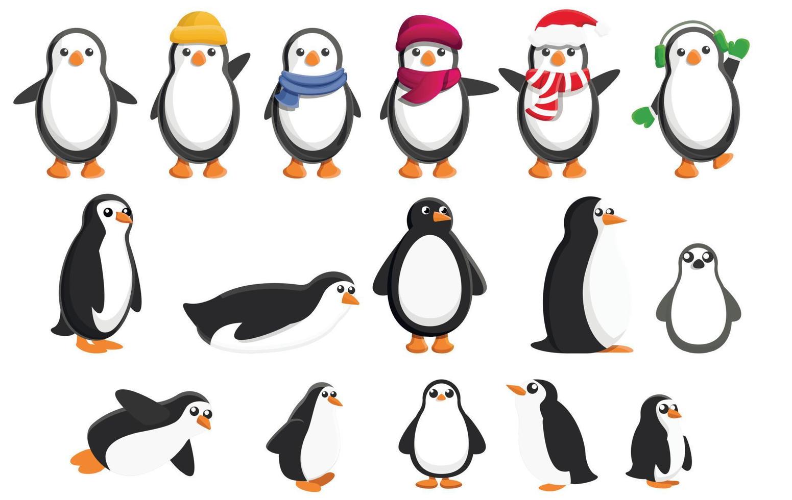 Penguin icons set, cartoon style vector