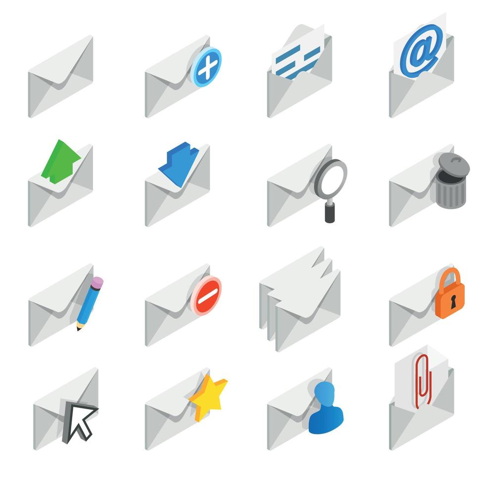 Mail icons set, isometric 3d style vector