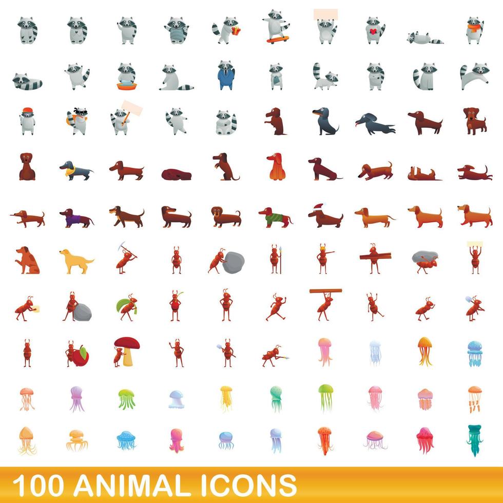 100 animales, conjunto de iconos de estilo de dibujos animados vector