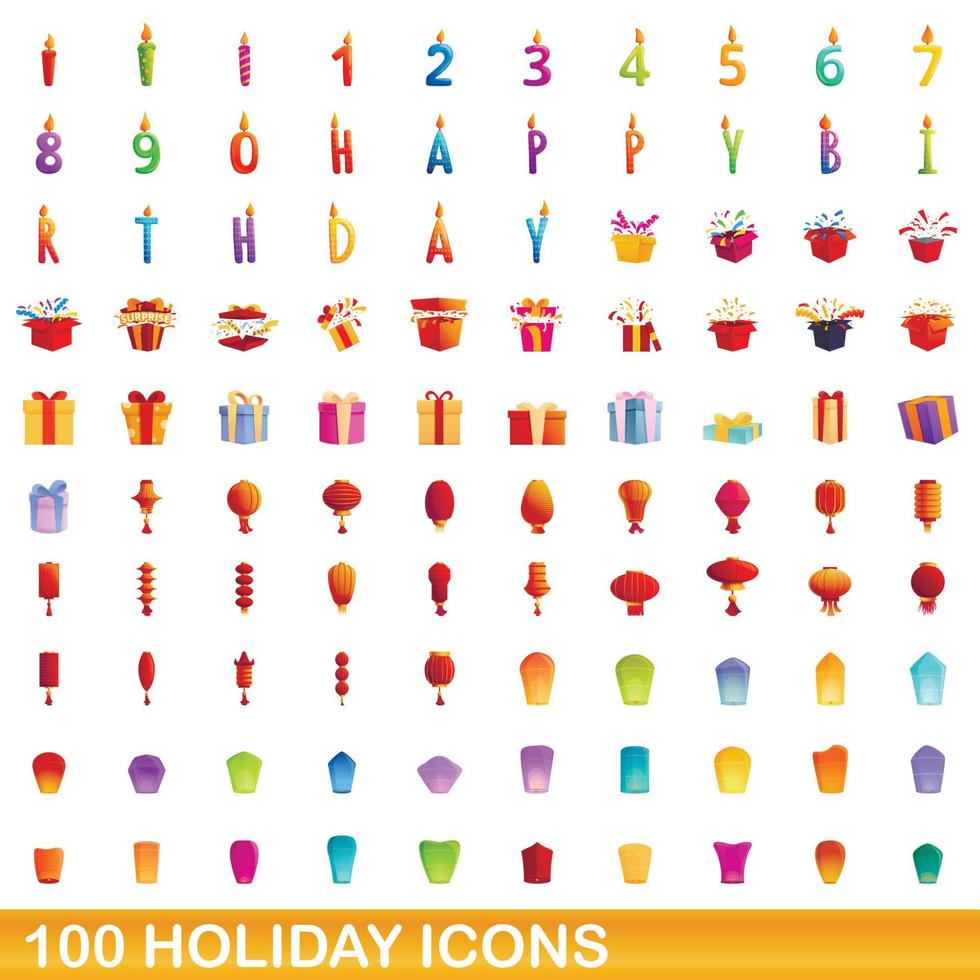 100 iconos de vacaciones, estilo de dibujos animados vector