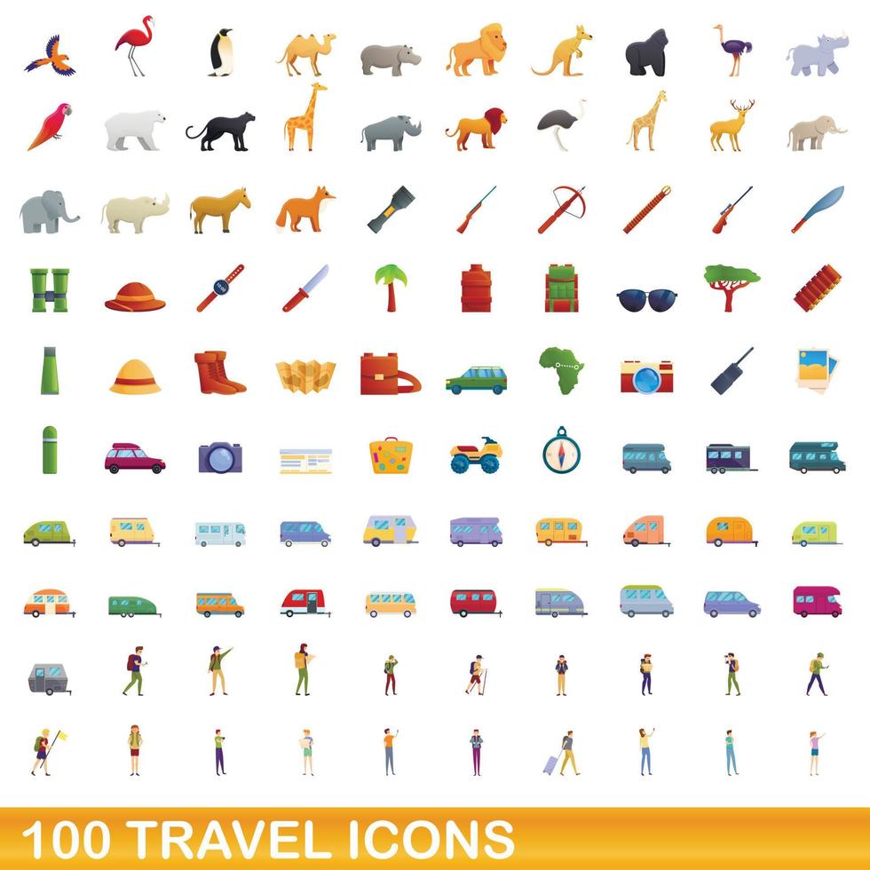 100 travel icons set, cartoon style vector