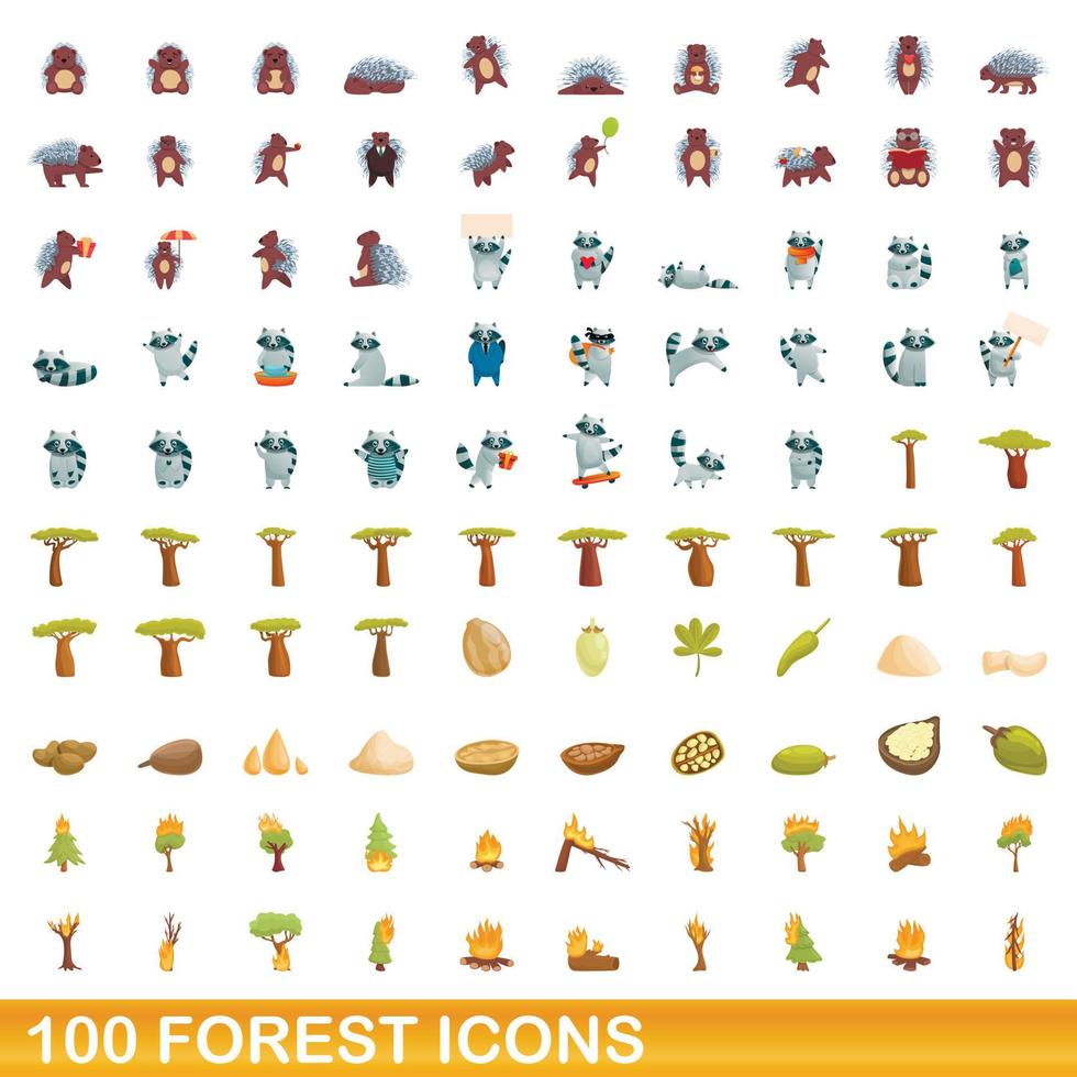 100 iconos de bosque, estilo de dibujos animados vector