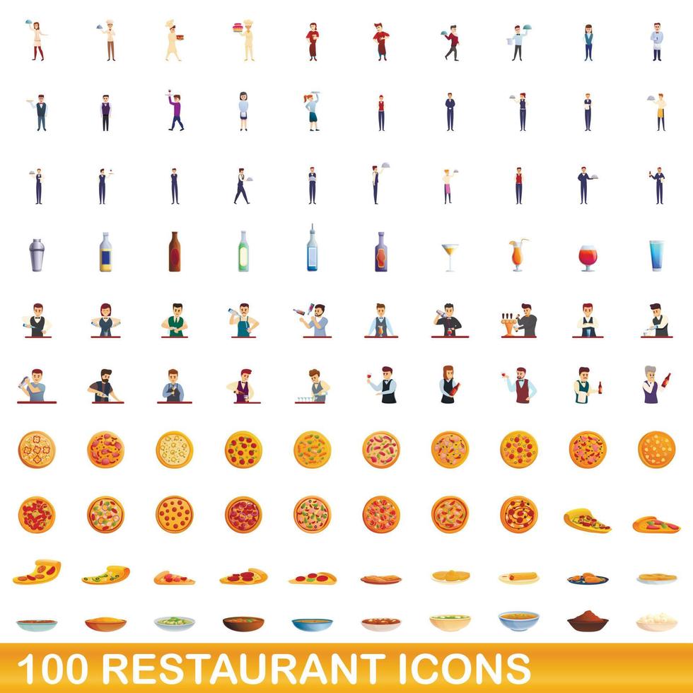 100 restaurant icons set, cartoon style vector