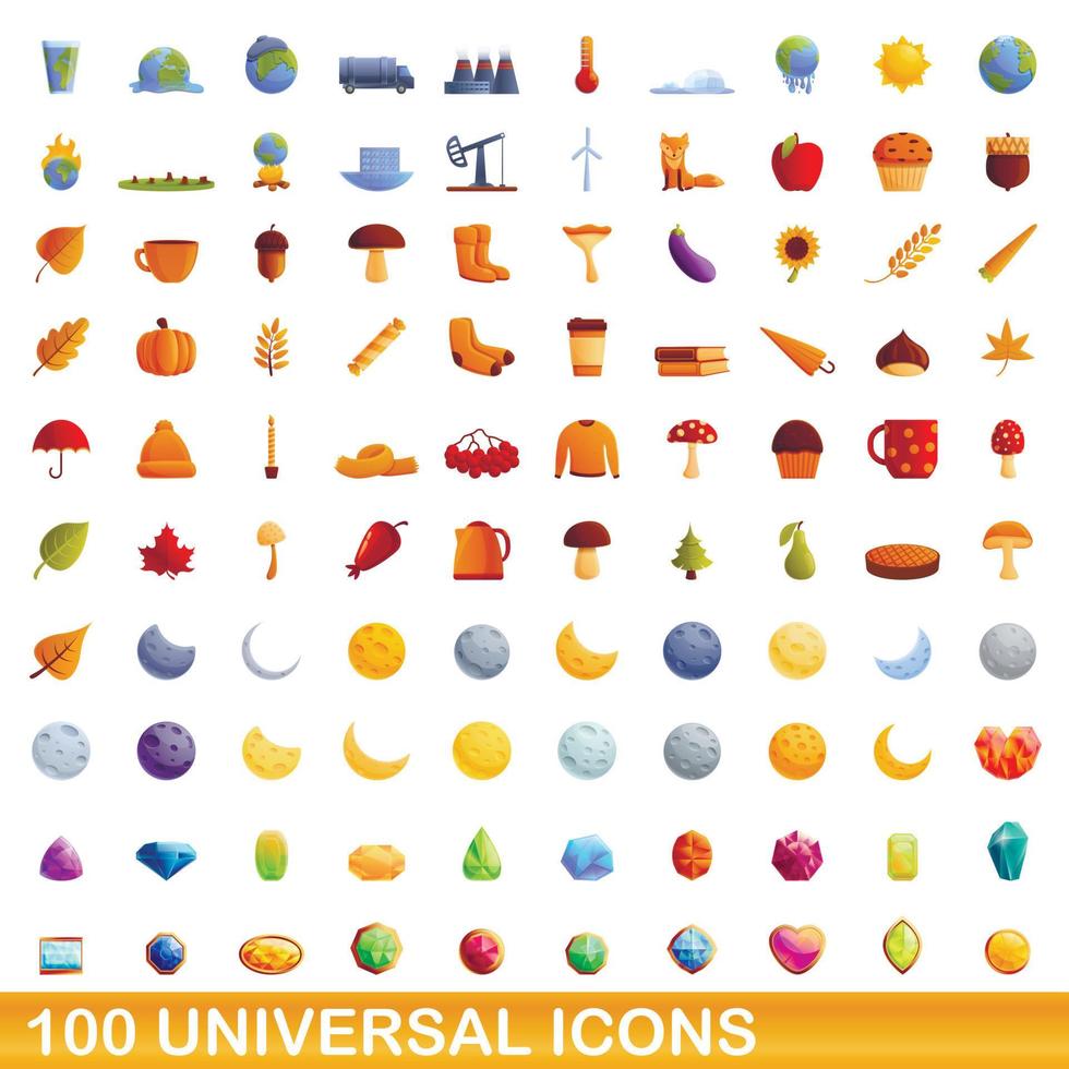 100 universal icons set, cartoon style vector