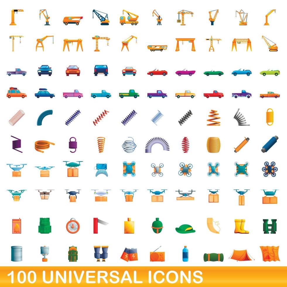 100 universal icons set, cartoon style vector