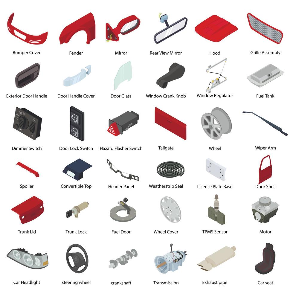 conjunto de iconos de piezas de automóviles, estilo isométrico vector