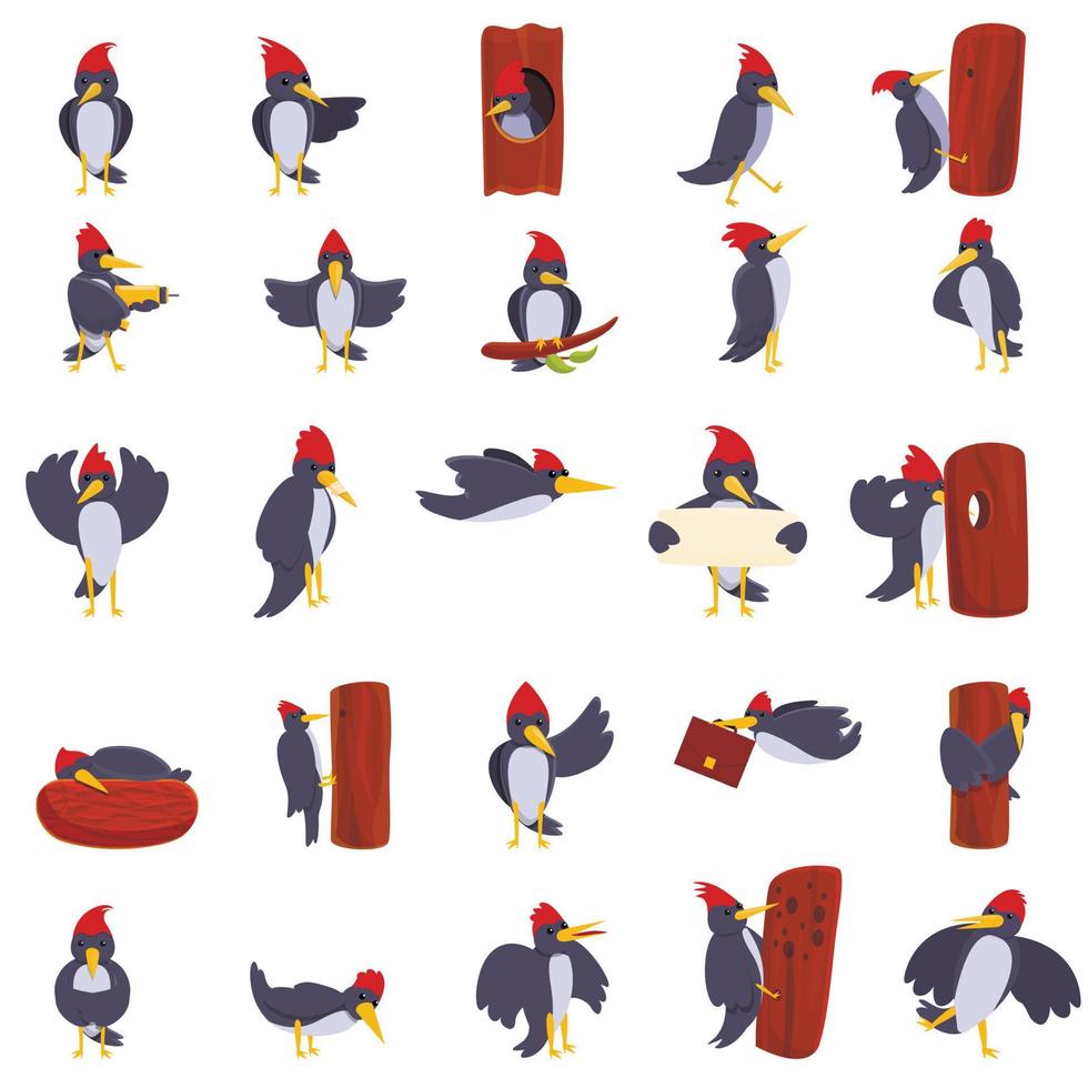 Conjunto de iconos de pájaro carpintero, estilo de dibujos animados vector