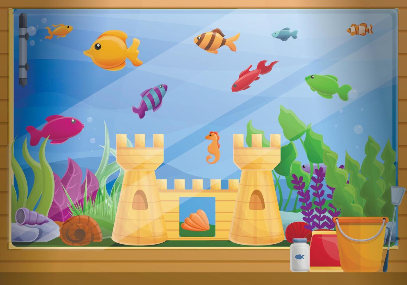 Home aquarium concept background, cartoon style vector