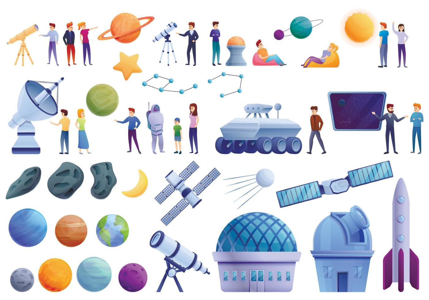 Planetarium icons set, cartoon style vector