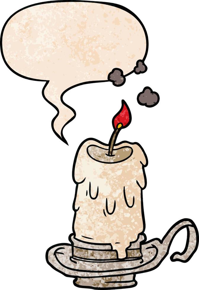 cartoon old spooky candle in candleholder and speech bubble in retro texture style vector