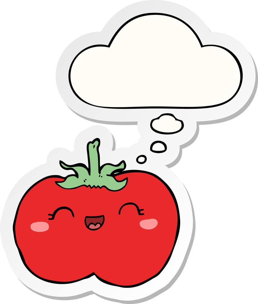 tomate de dibujos animados y burbuja de pensamiento como pegatina impresa vector