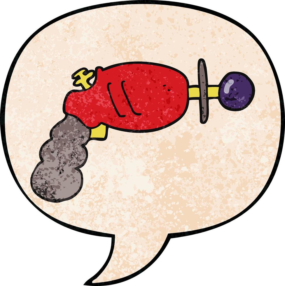 cartoon ray gun and speech bubble in retro texture style vector