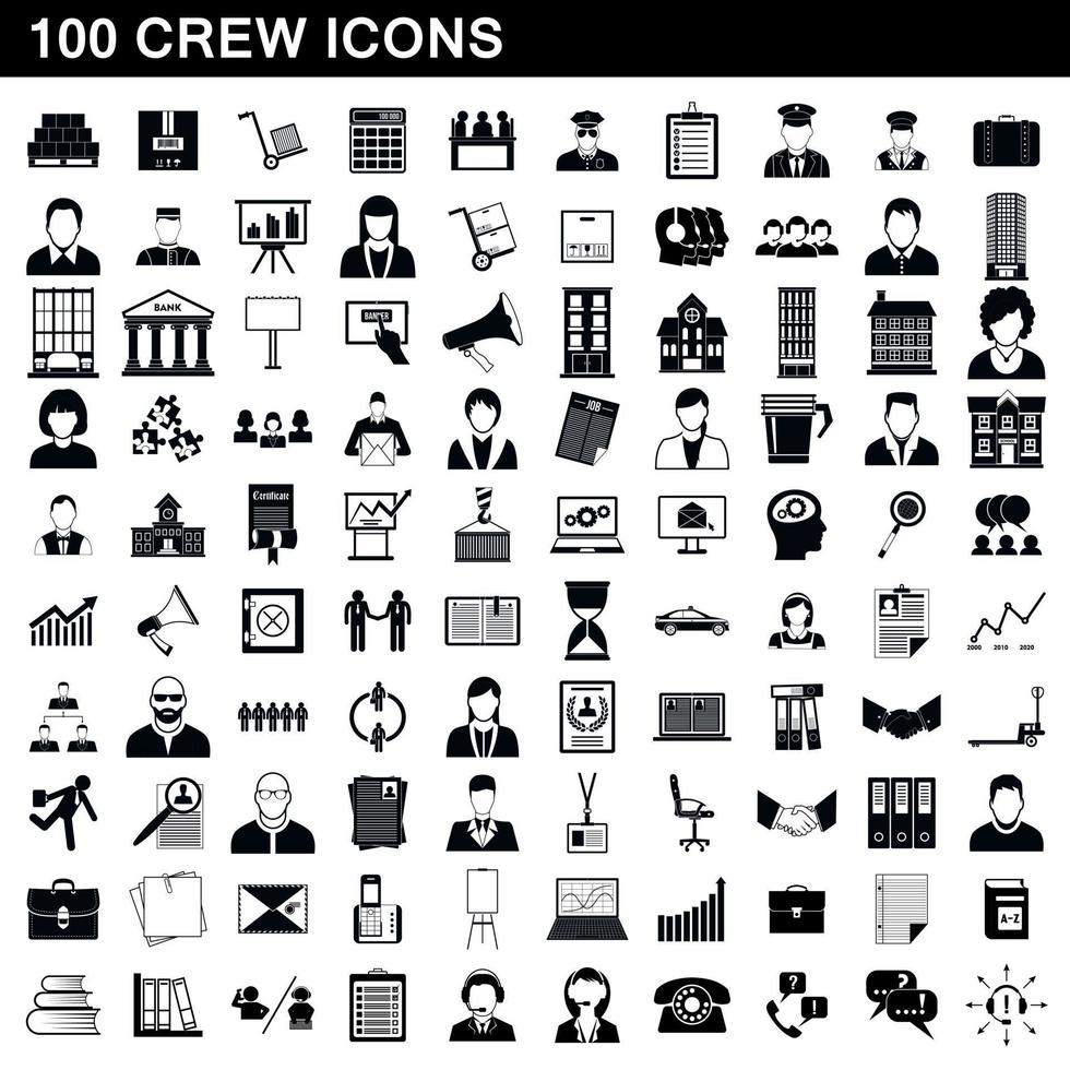 100 crew icons set, simple style vector