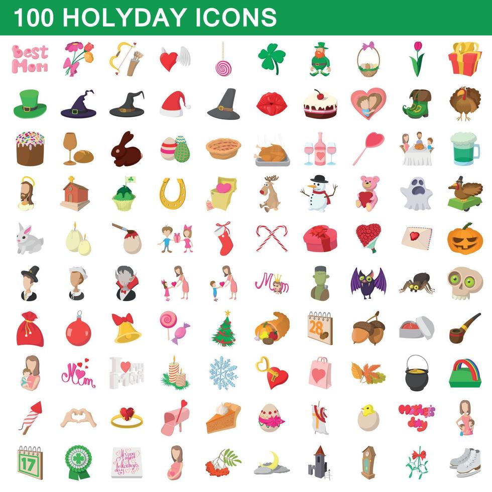 100 holyday icons set, cartoon style vector