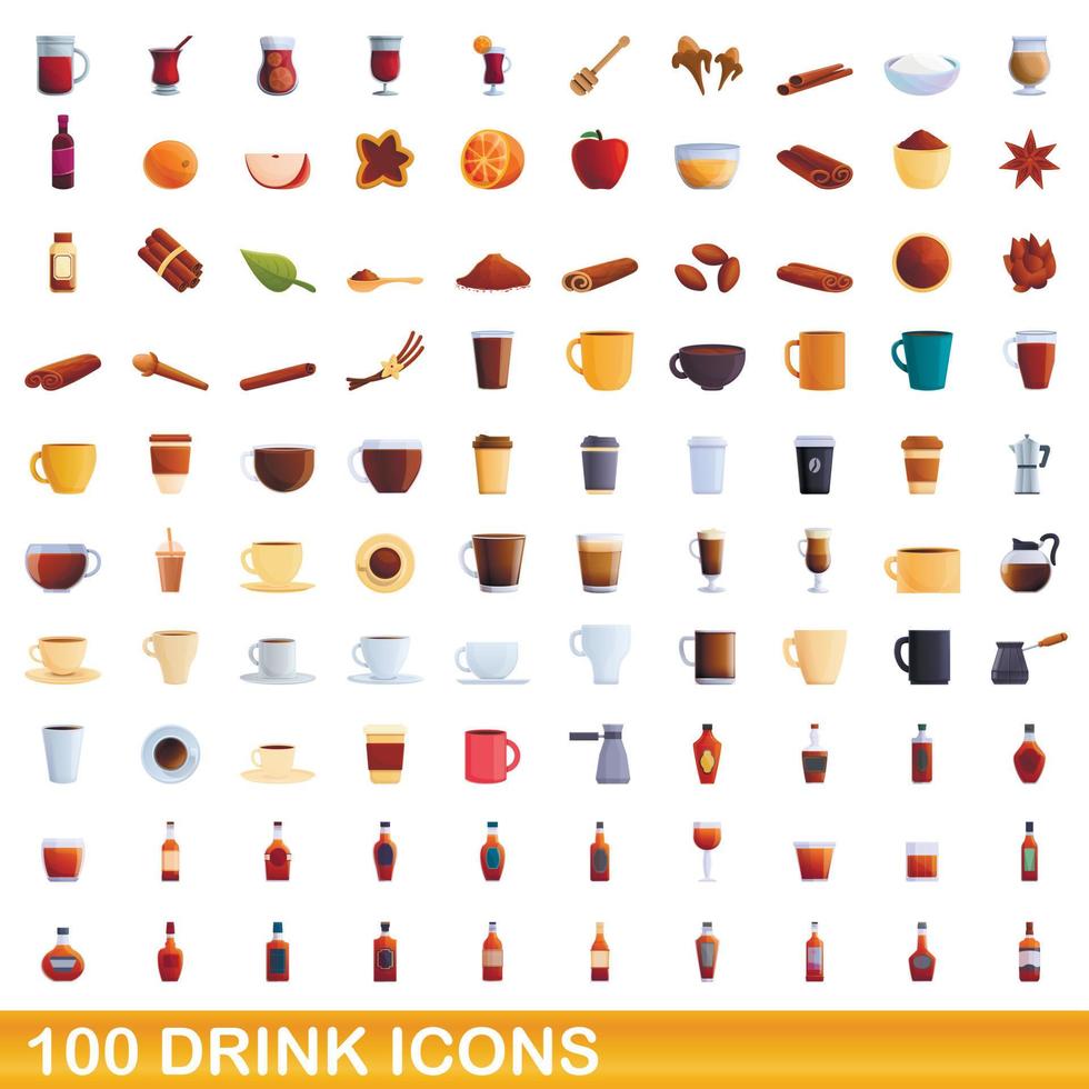 100 drink icons set, cartoon style vector