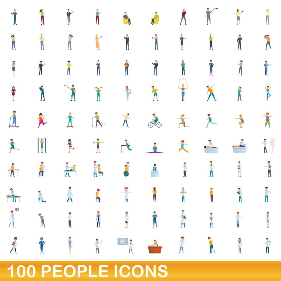 100 people icons set, cartoon style vector