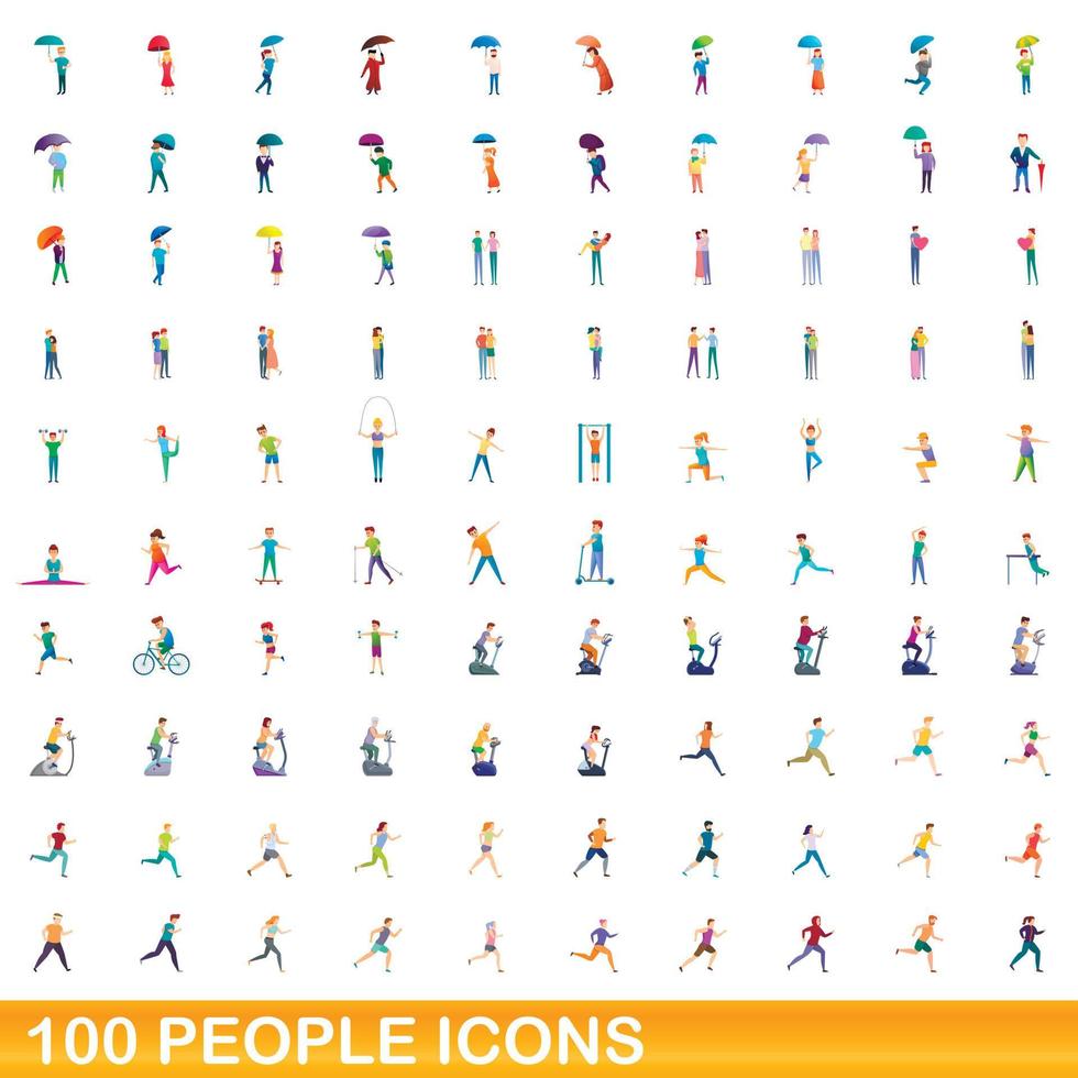 100 people icons set, cartoon style vector