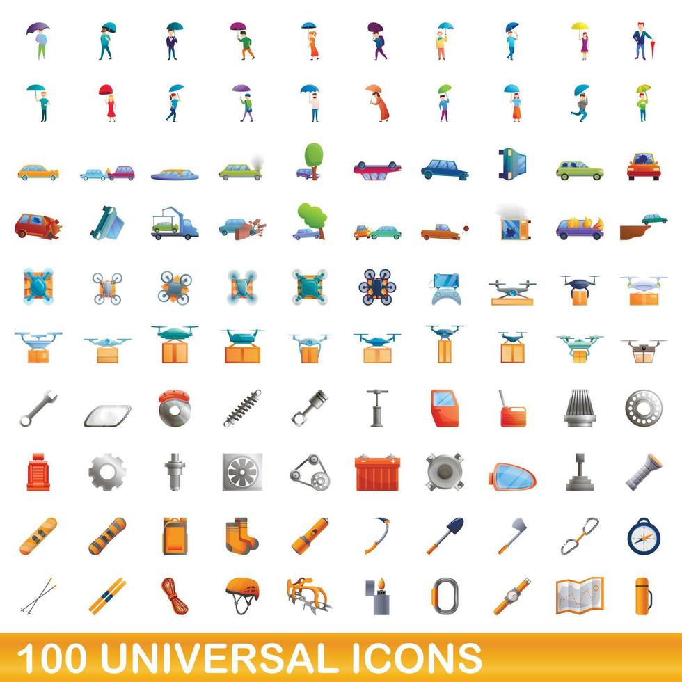 100 universal icons set, cartoon style vector