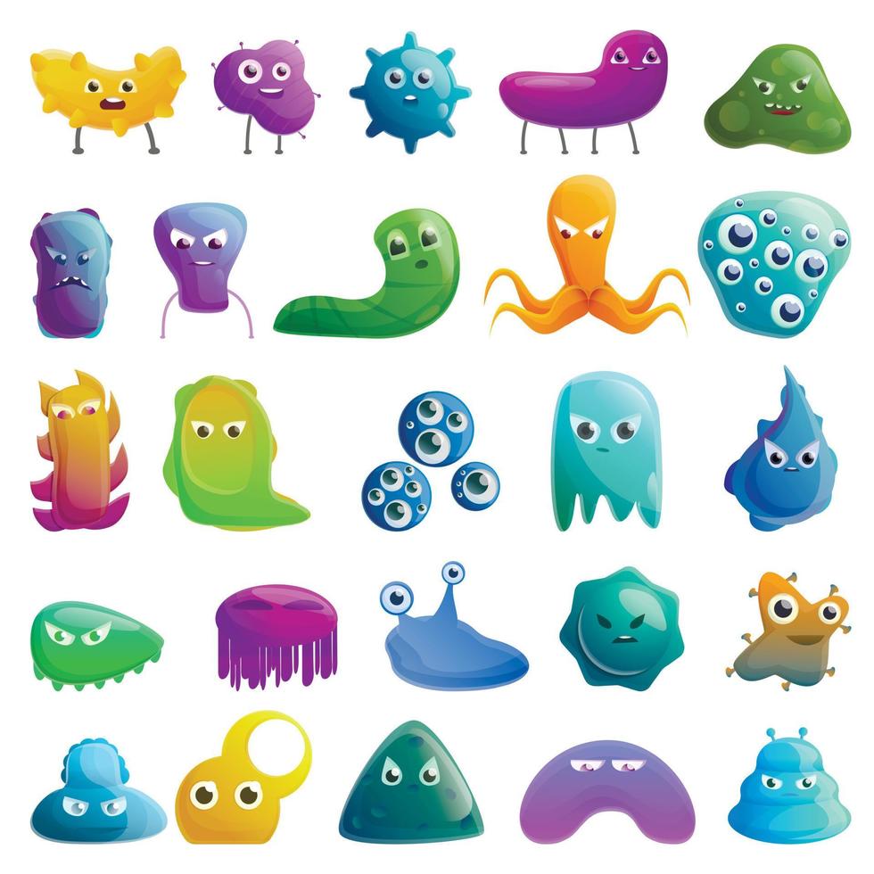 Bacteria icons set, cartoon style vector