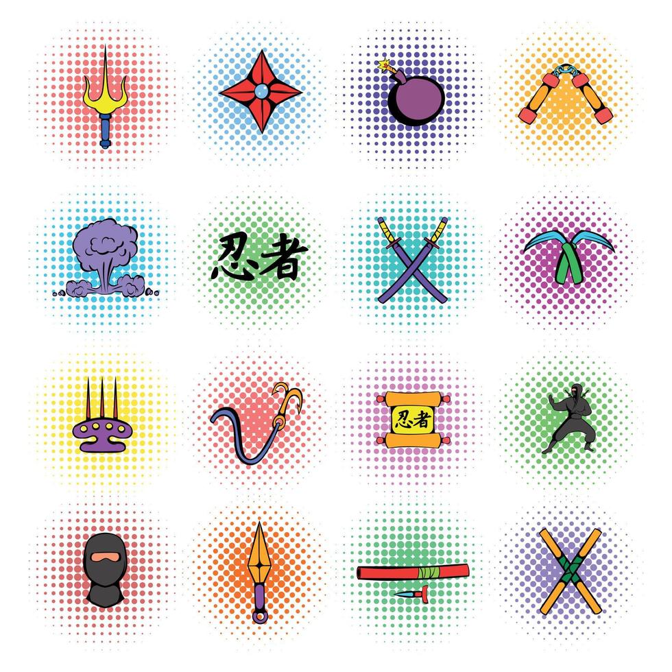 Ninja weapon icons set, comics style vector