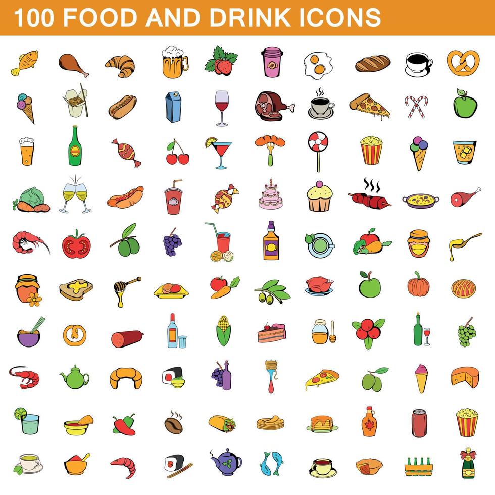 100 food and drink icons set, cartoon style vector