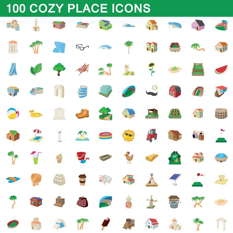 100 lugar acogedor, conjunto de iconos de estilo de dibujos animados vector