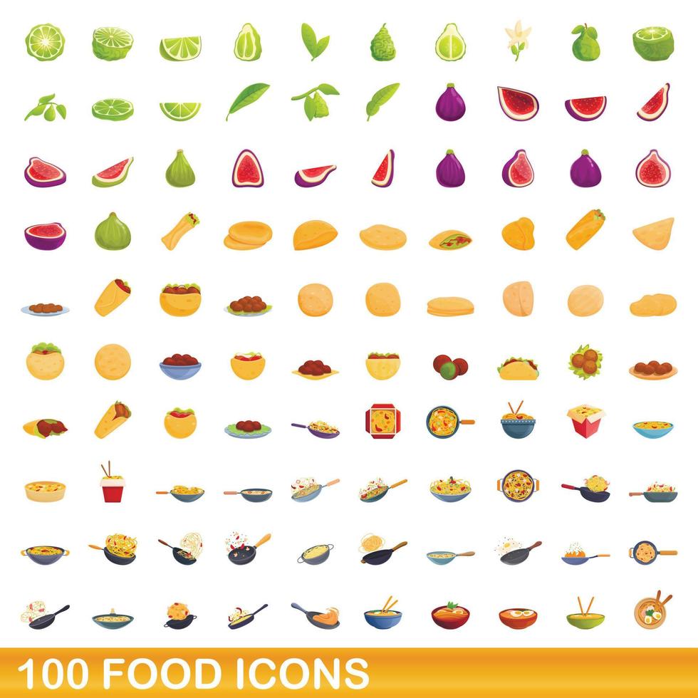 100 food icons set, cartoon style vector