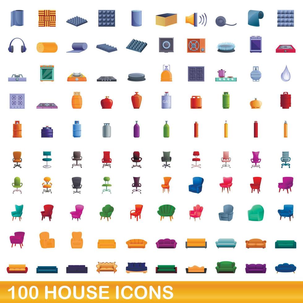 100 house icons set, cartoon style vector