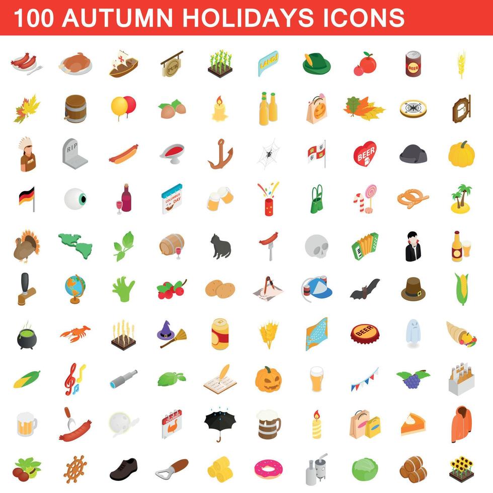 100 autumn holidays cons set, isometric 3d style vector