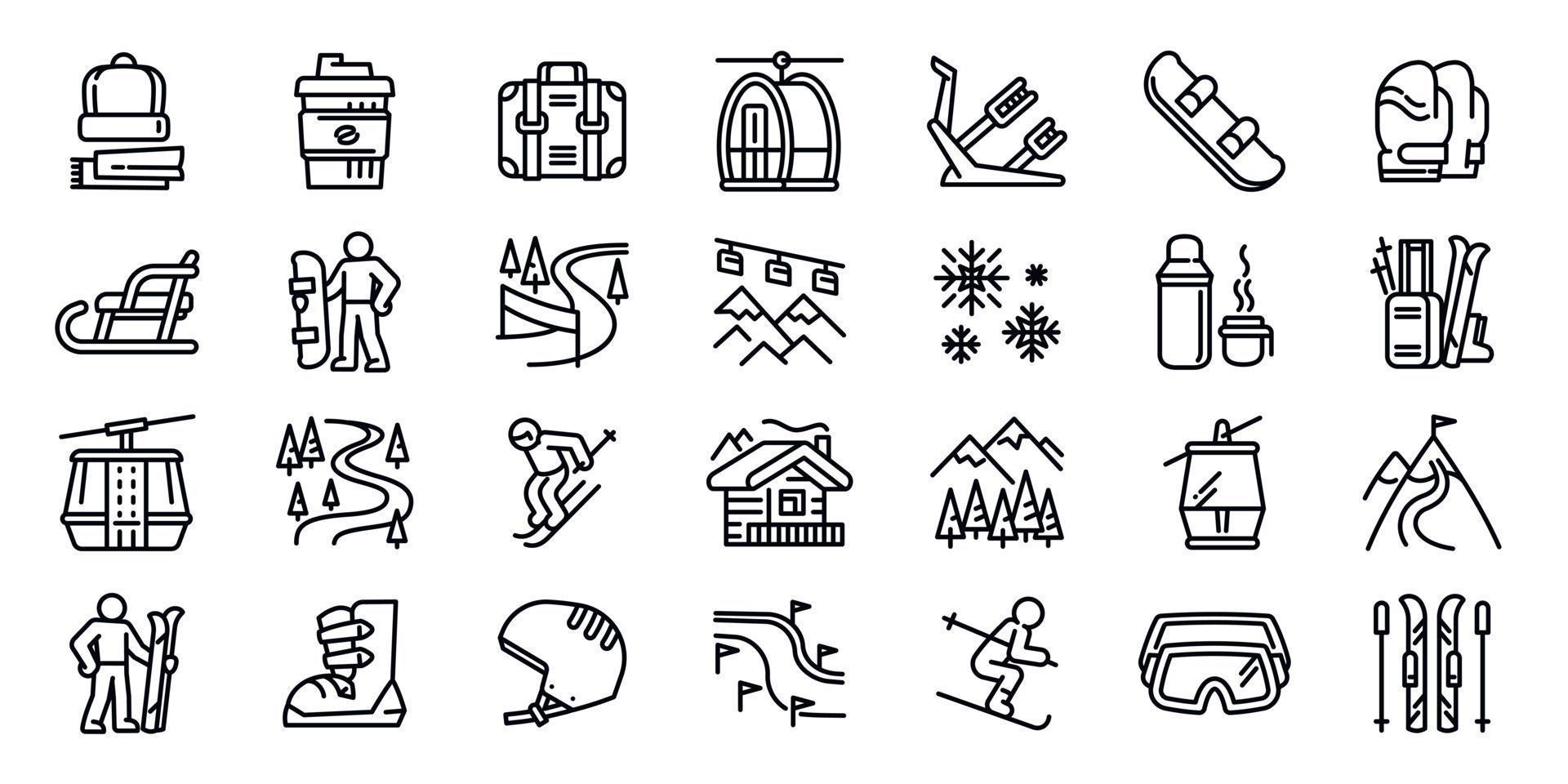 Ski resort icons set, outline style vector