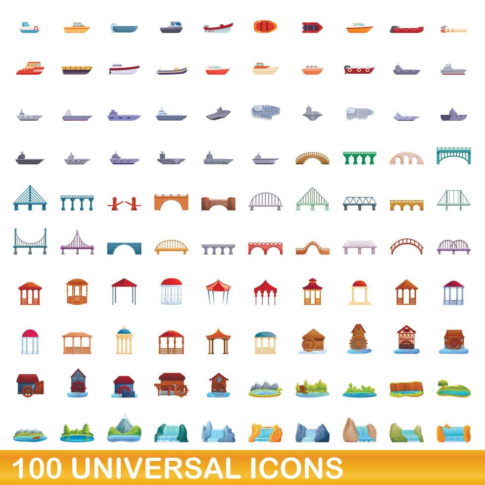 100 iconos universales, estilo de dibujos animados vector