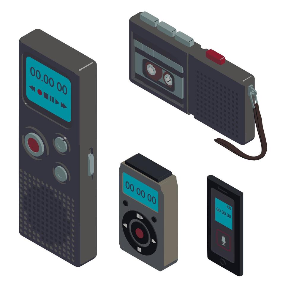 Dictaphone icons set, isometric style vector