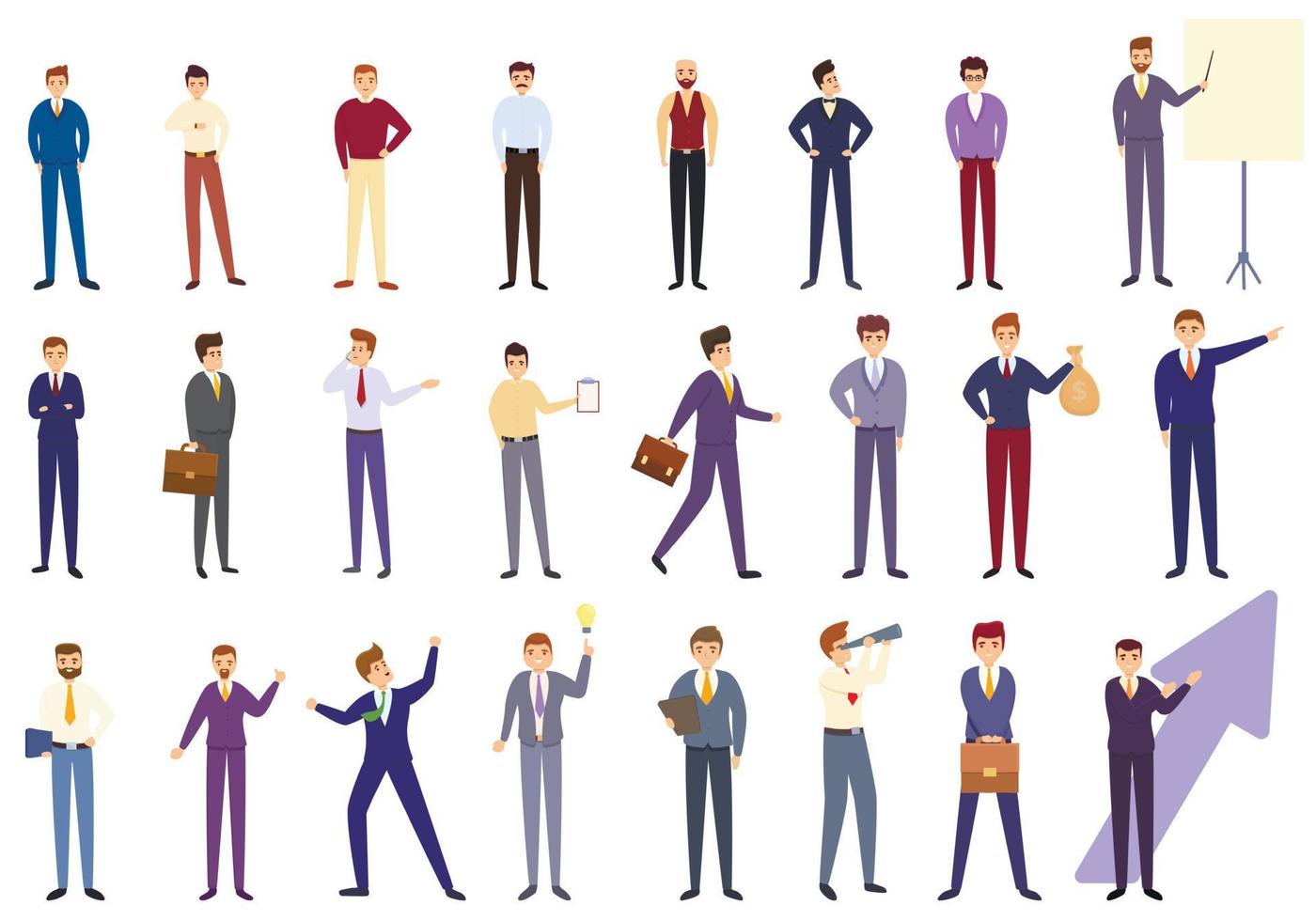 Successful businessman icons set, cartoon style vector