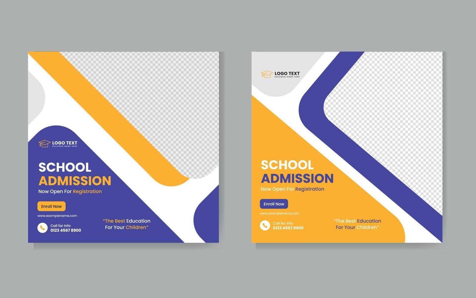 School education admission social media post or back to school web banner template or square flyer poster and School admission social media post. vector