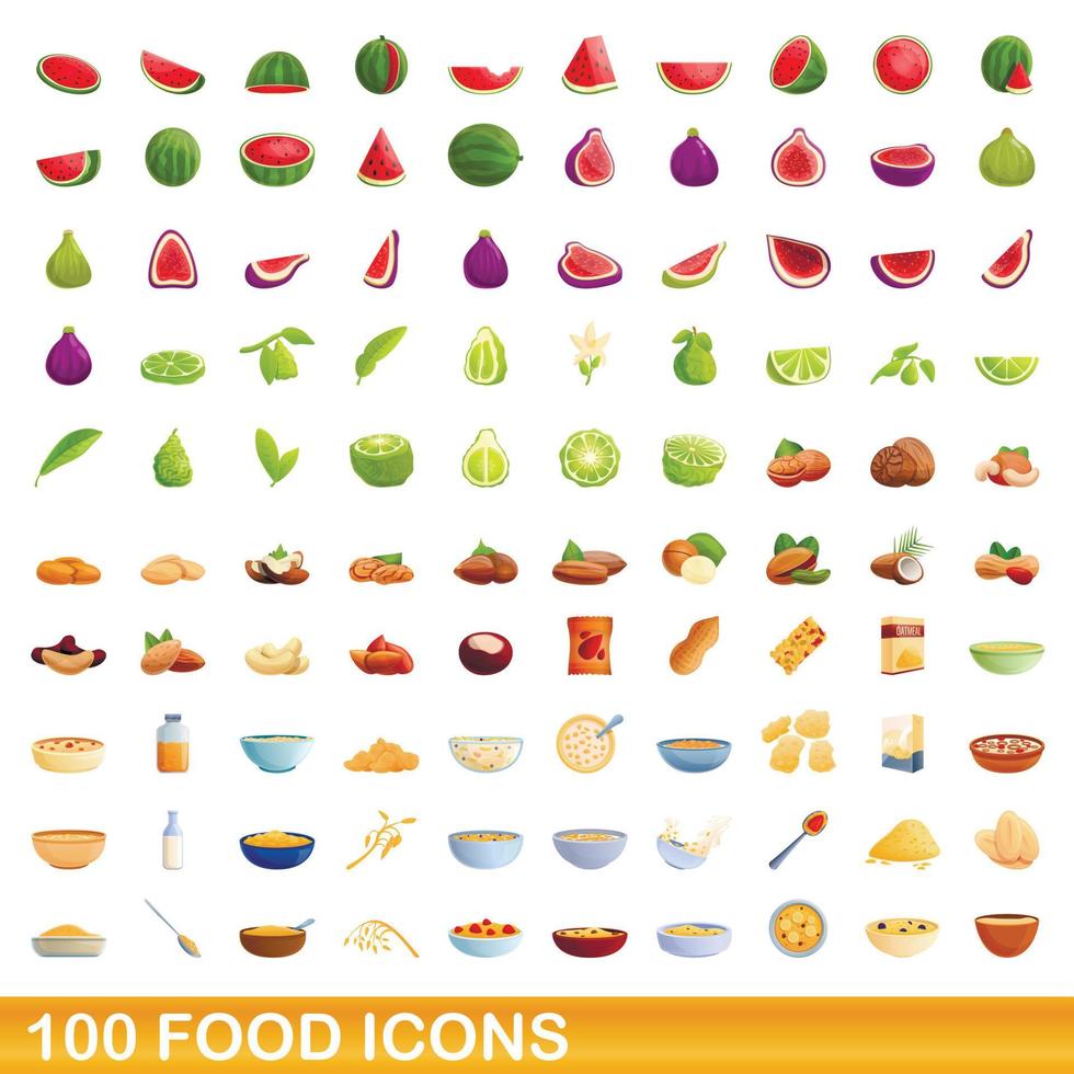 100 food icons set, cartoon style vector