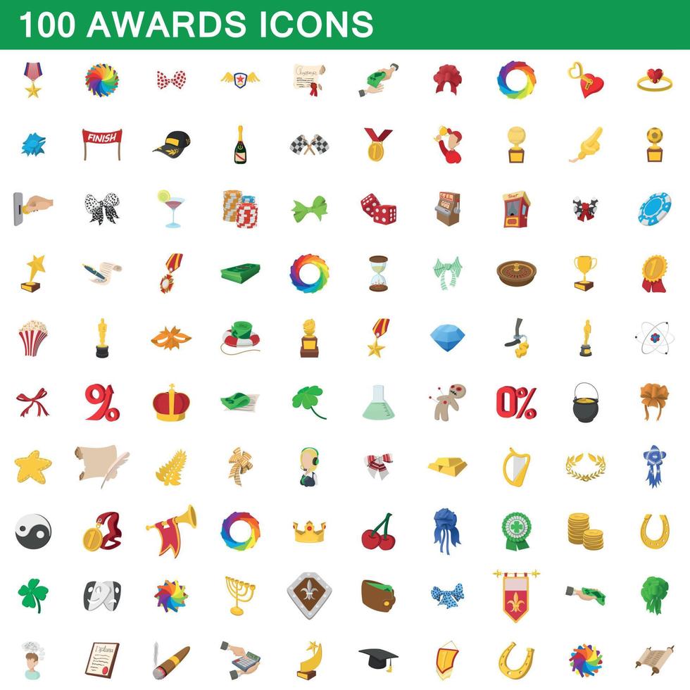 100 premios, conjunto de iconos de estilo de dibujos animados vector