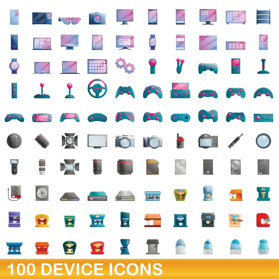 100 iconos de dispositivo, estilo de dibujos animados vector