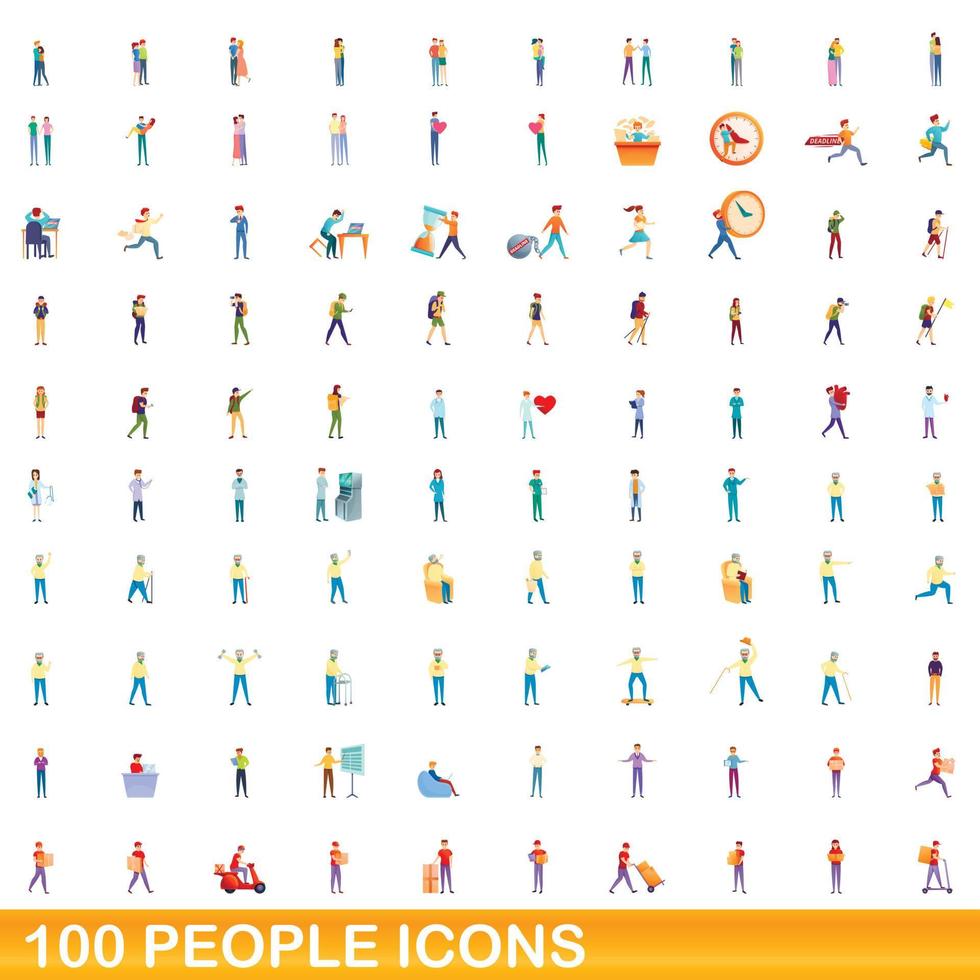 100 people icons set, cartoon style vector