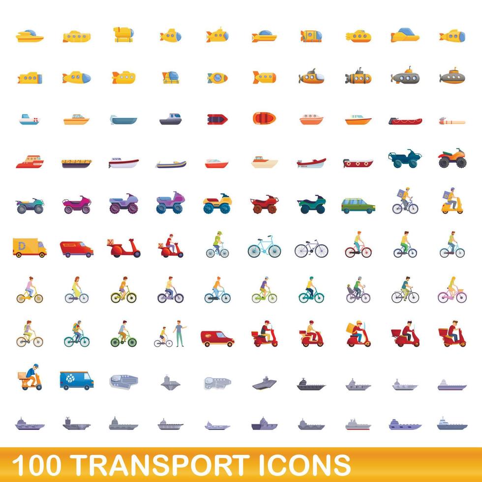 100 iconos de transporte, estilo de dibujos animados vector