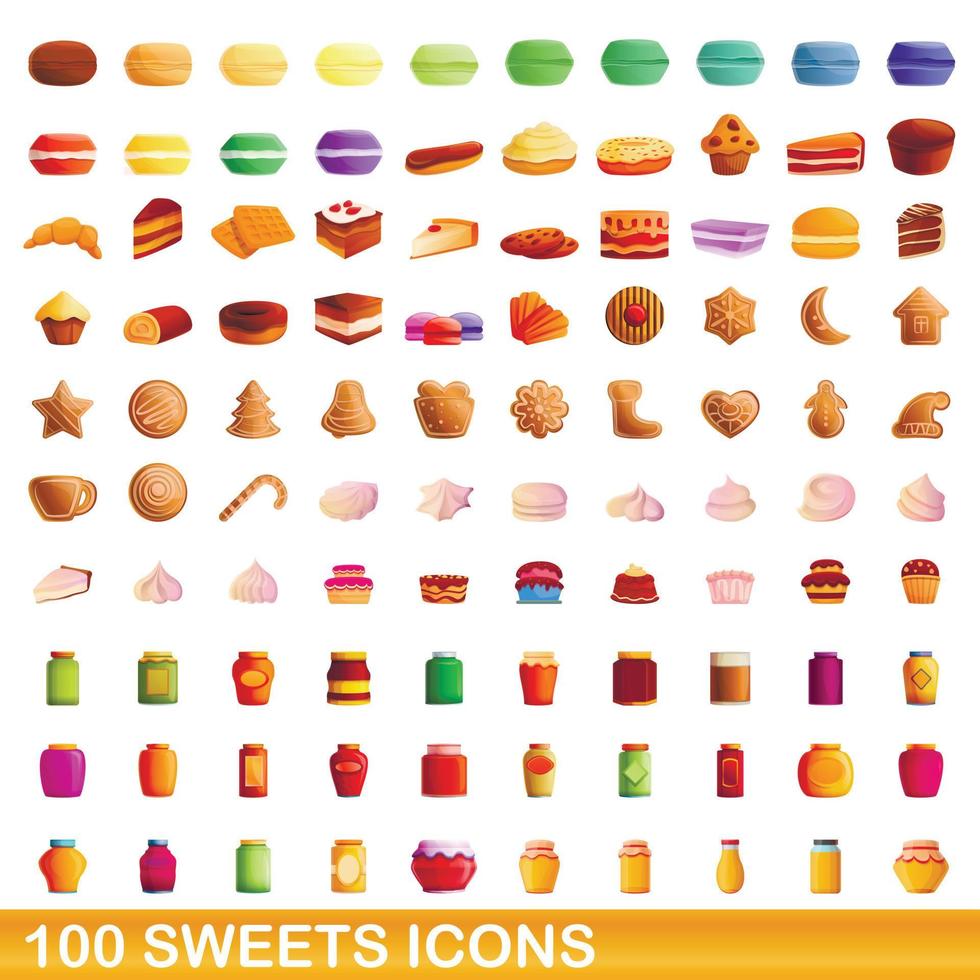 100 sweets icons set, cartoon style vector