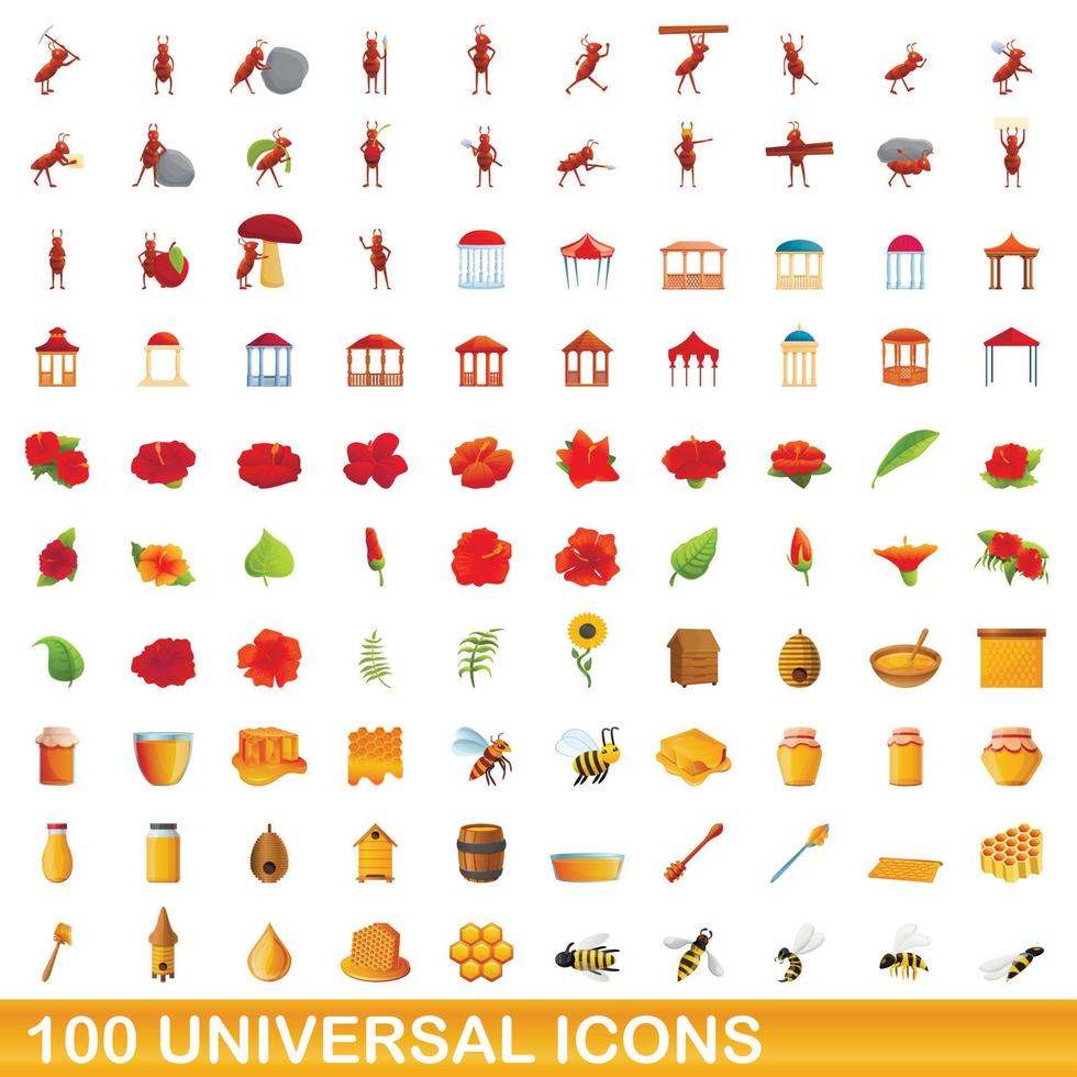 100 iconos universales, estilo de dibujos animados vector