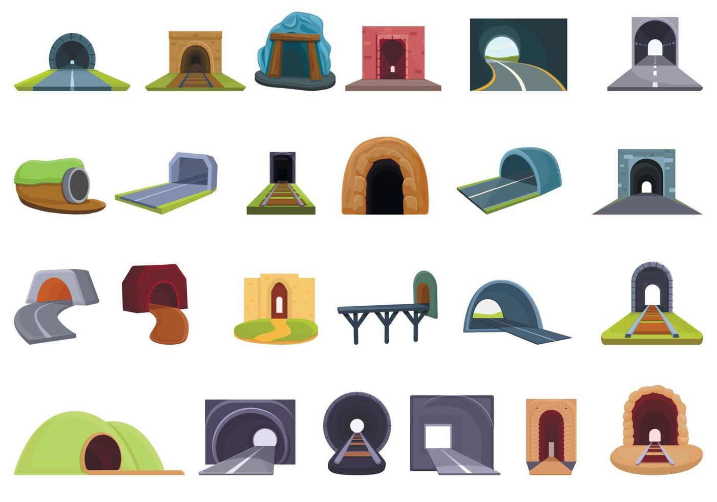 Tunnel icons set, cartoon style vector