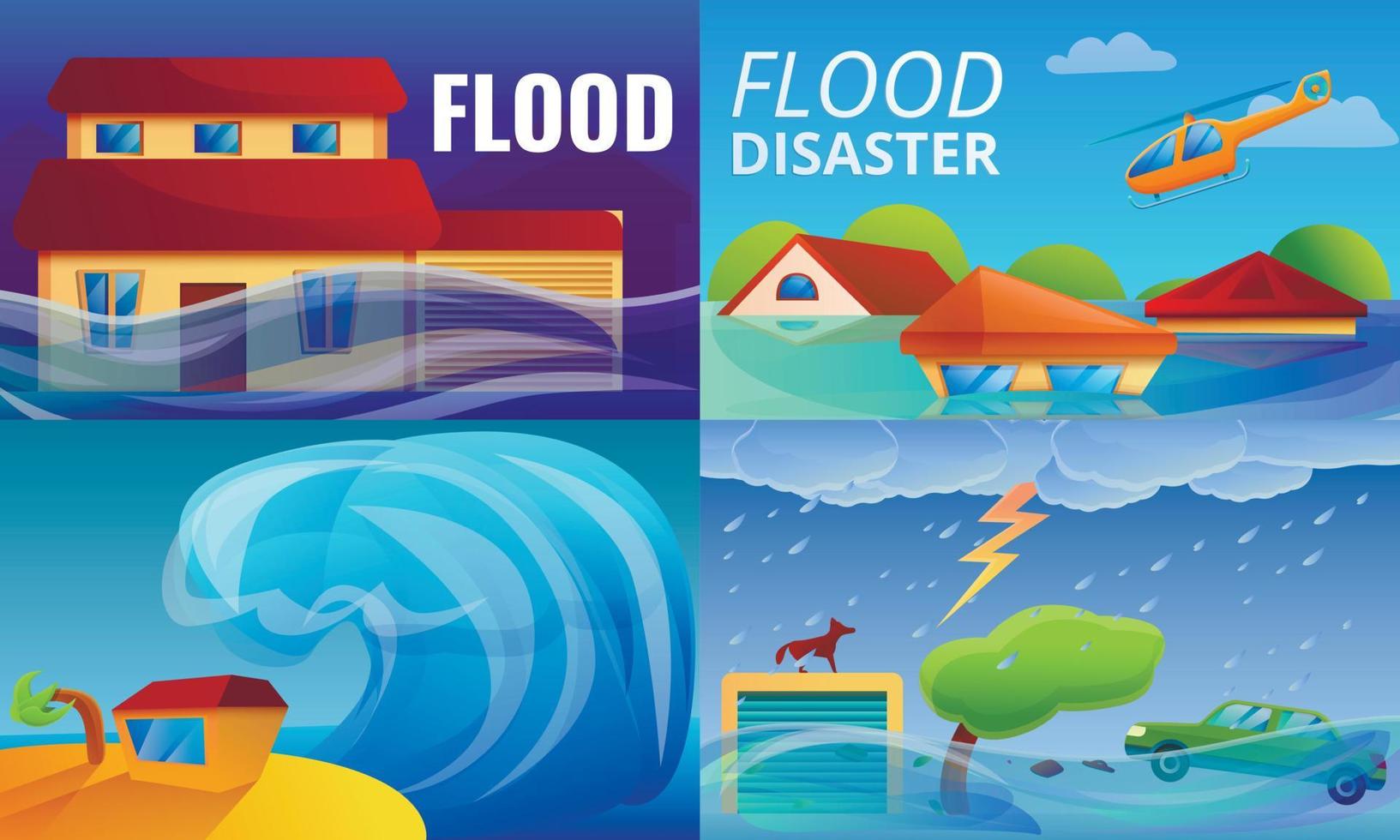Flood disaster banner set, cartoon style vector