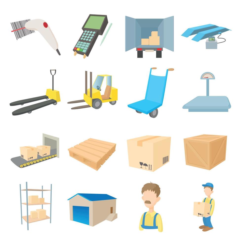 Warehouse logistic storage icons set cartoon style vector